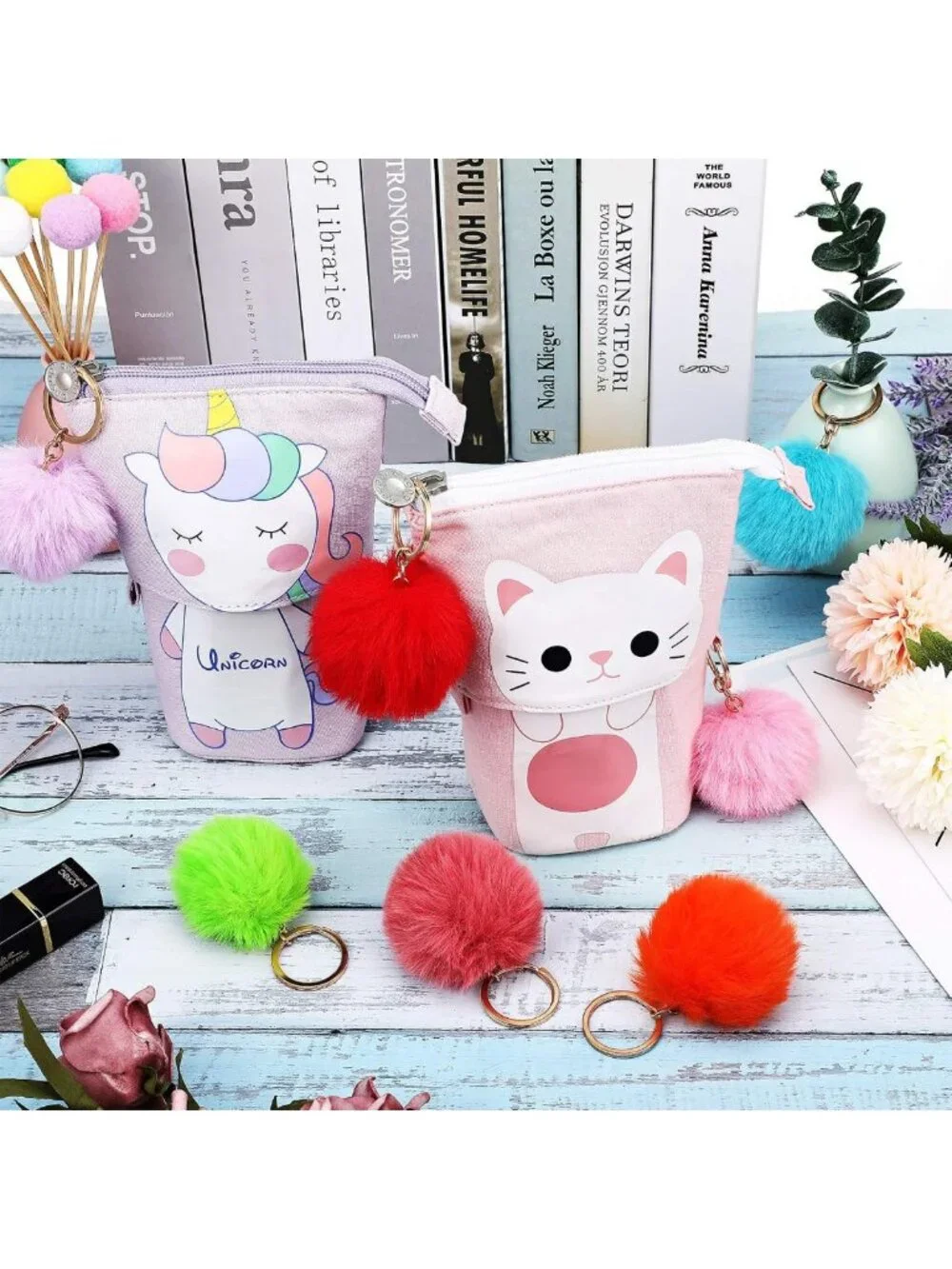Fluffy Faux Fur Pom Pom Keychains - 46 Pcs Rabbit Ball Key Rings for Bags